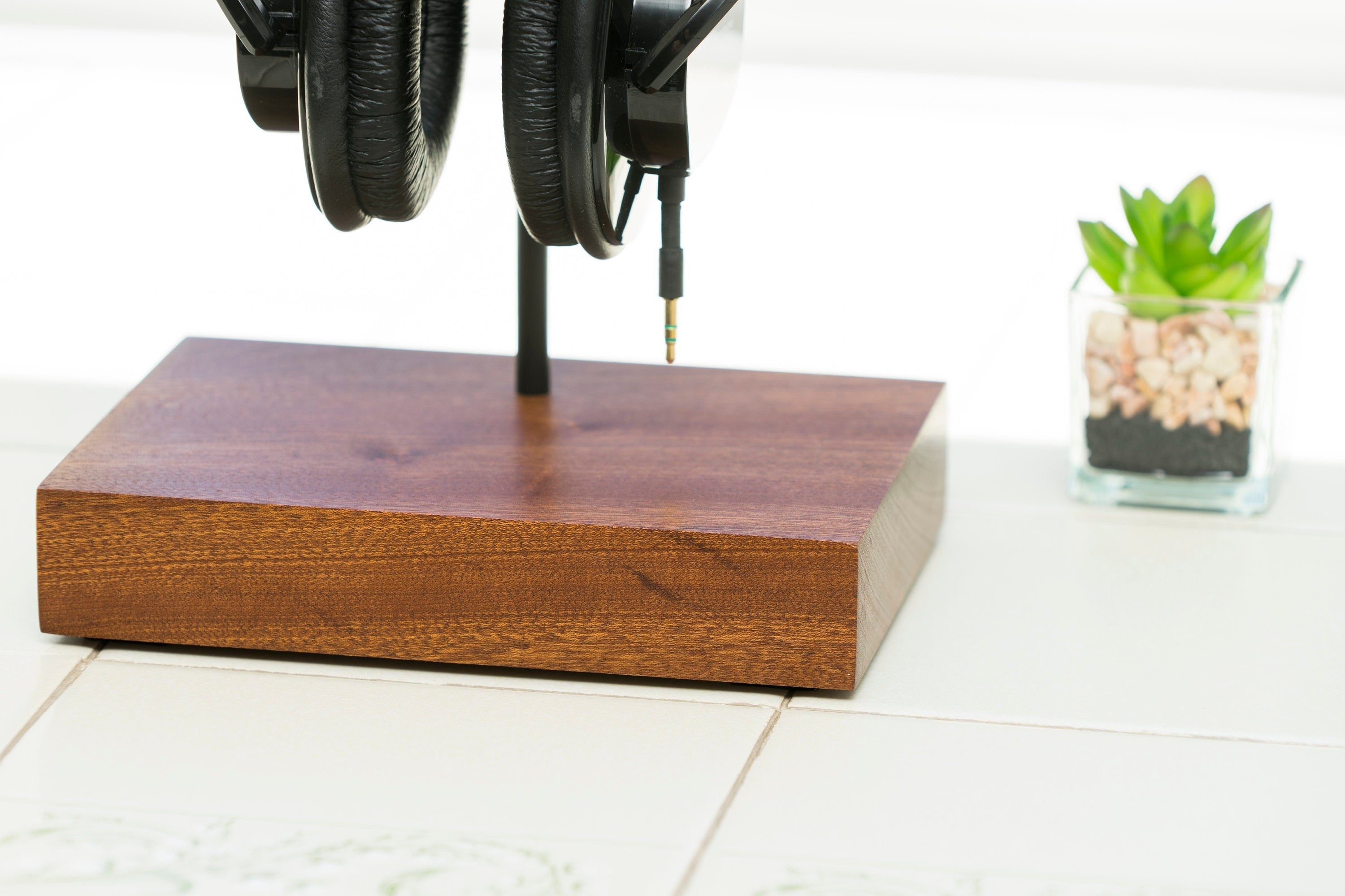 Headphone stand / holder, made deals of African Mahogany and steel, by M-ski